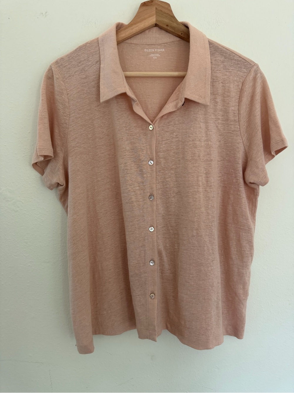 Eileen Fisher Short-Sleeve Button Front Top — Blush Peach 100% linen